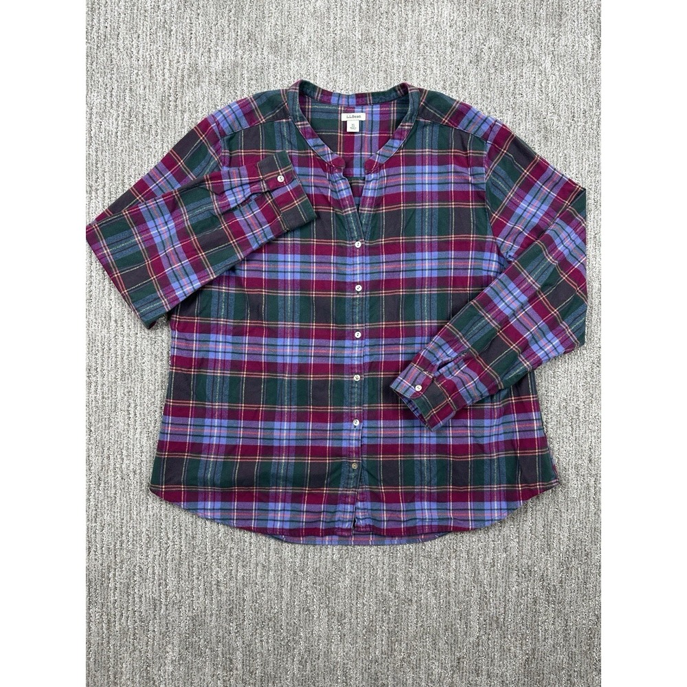 LL Bean Flannel Plaid Shirt Relaxed Fit Womens XL Green Purple Cabincore - Picture 2 of 11